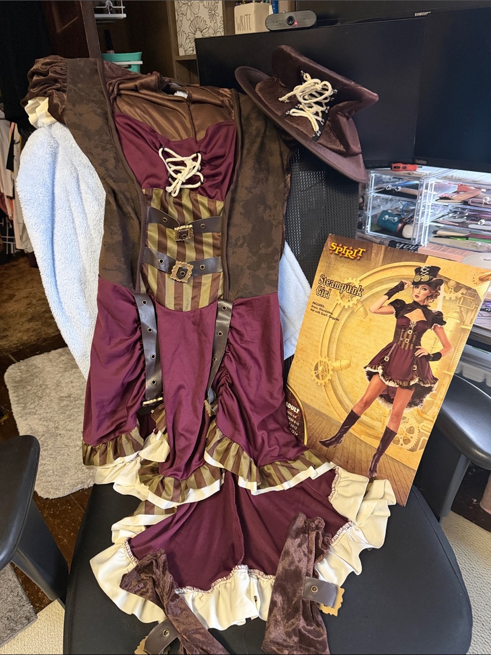 Spirit womens Steampunk Corset Dress Costume in Burgundy and Brown